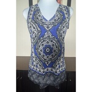 INC Women Top Sz S Blue Black VNeck Sheer Mesh Cutout Tank Top Layered Sleeveles